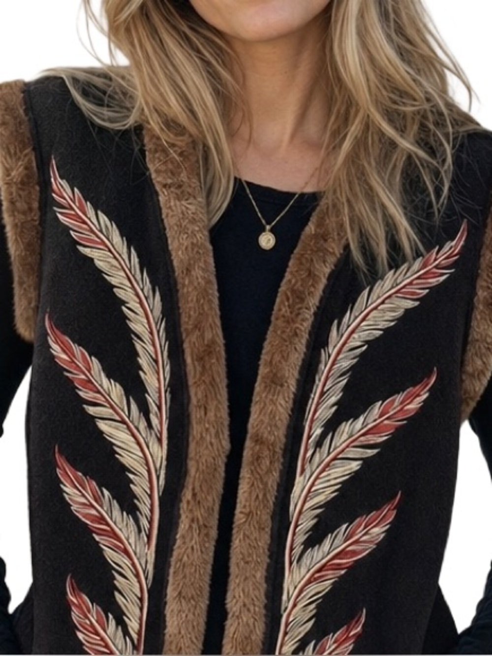 Black Vest with Faux Fur and Embroidery